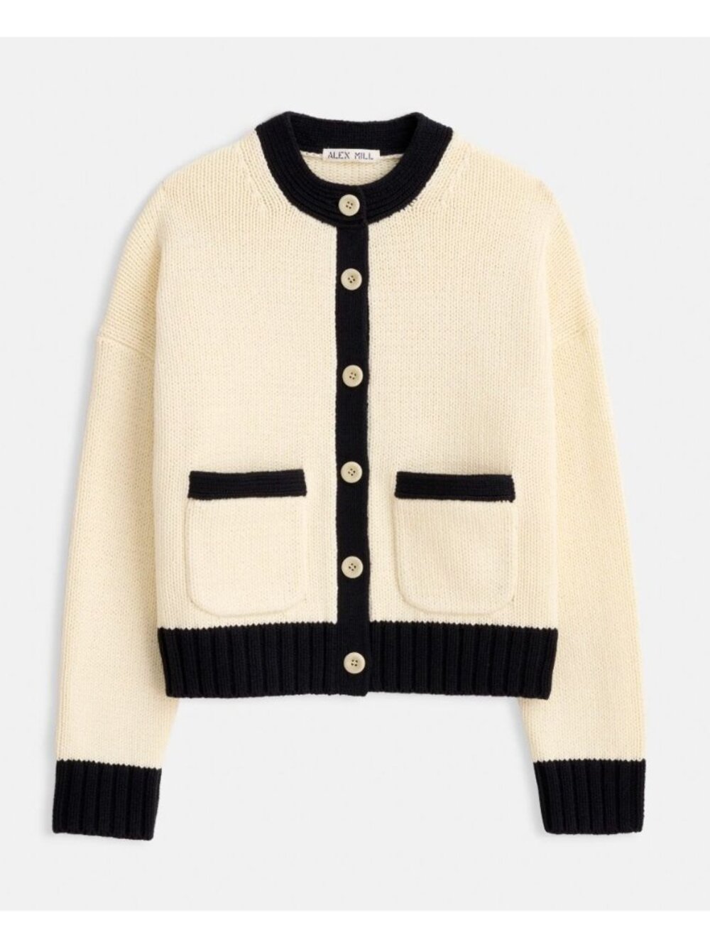 ALEX MILL Tipped Nico Cardigan Sweater 100% Cotton White Navy Small